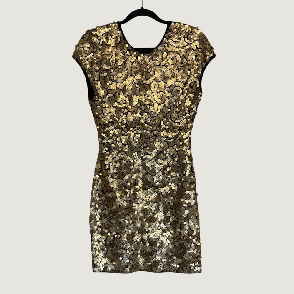 Morgan Taylor Vintage Small Gold Sequin Swirl Beaded Mini Party Dress Cap Sleeve